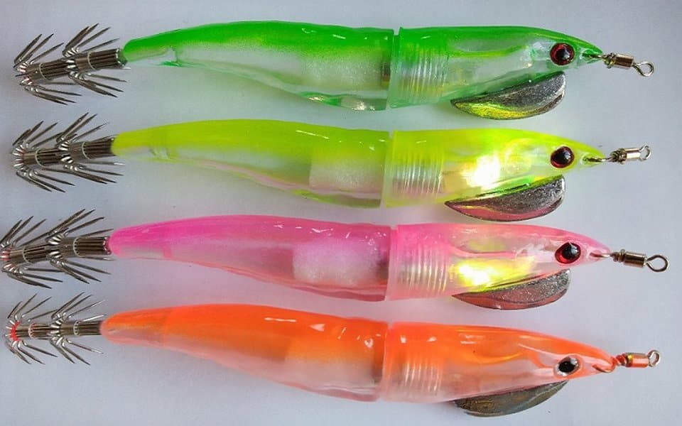 Night squid fishing lure is a glowing fake shrimp